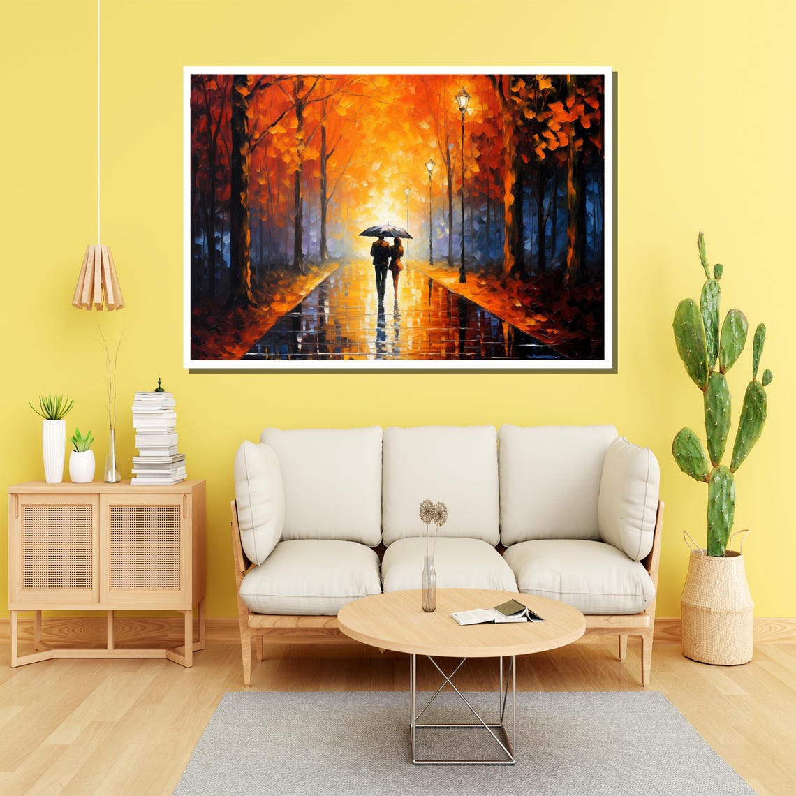 Romantic Couple Sharing Umbrella Autumn Rain Glowing Path Poster - Image 3
