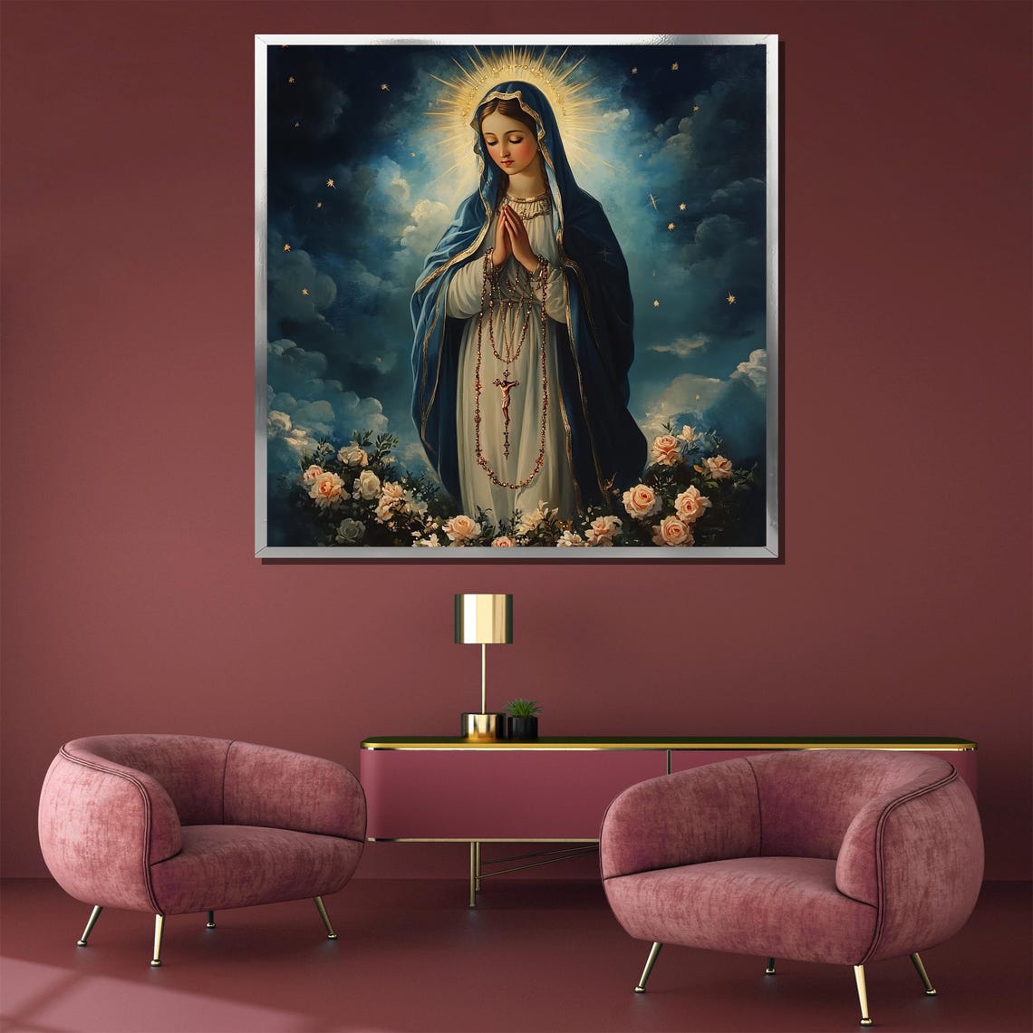 Praying Virgin Mary Rosary Starry Night Roses Religious Poster - Image 5