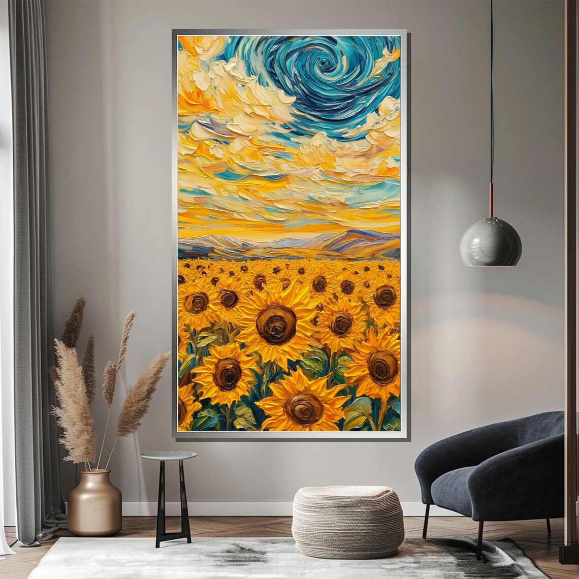 Sunflower Field Under Swirling Starry Sky Impasto Floral Wall Poster - Image 4