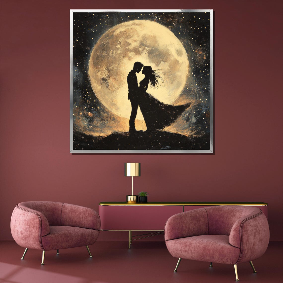 Romantic Couple Silhouette Under Giant Full Moon Night Poster - Image 5