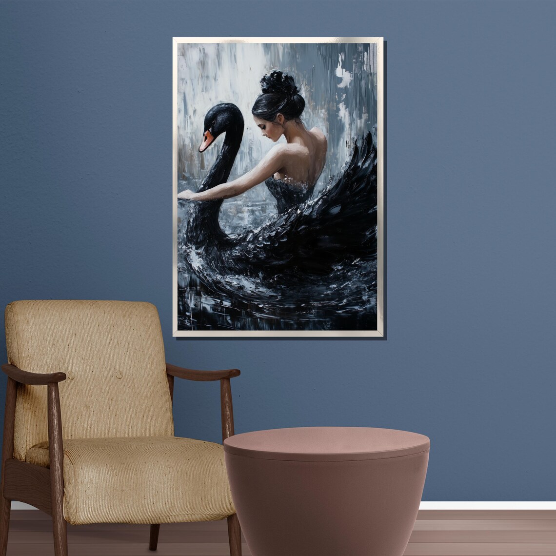Ballerina and Black Swan in a Graceful Dark Watercolor Dance Poster - Image 3