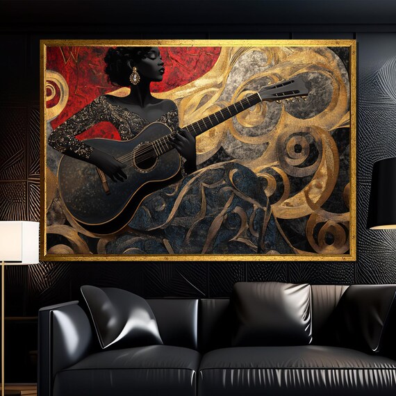 Elegant Woman Playing Acoustic Guitar in Swirling Gold Poster