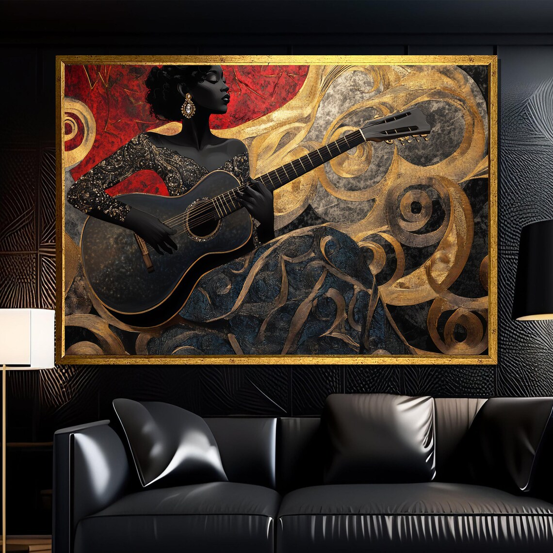 Elegant Woman Playing Acoustic Guitar in Swirling Gold Poster