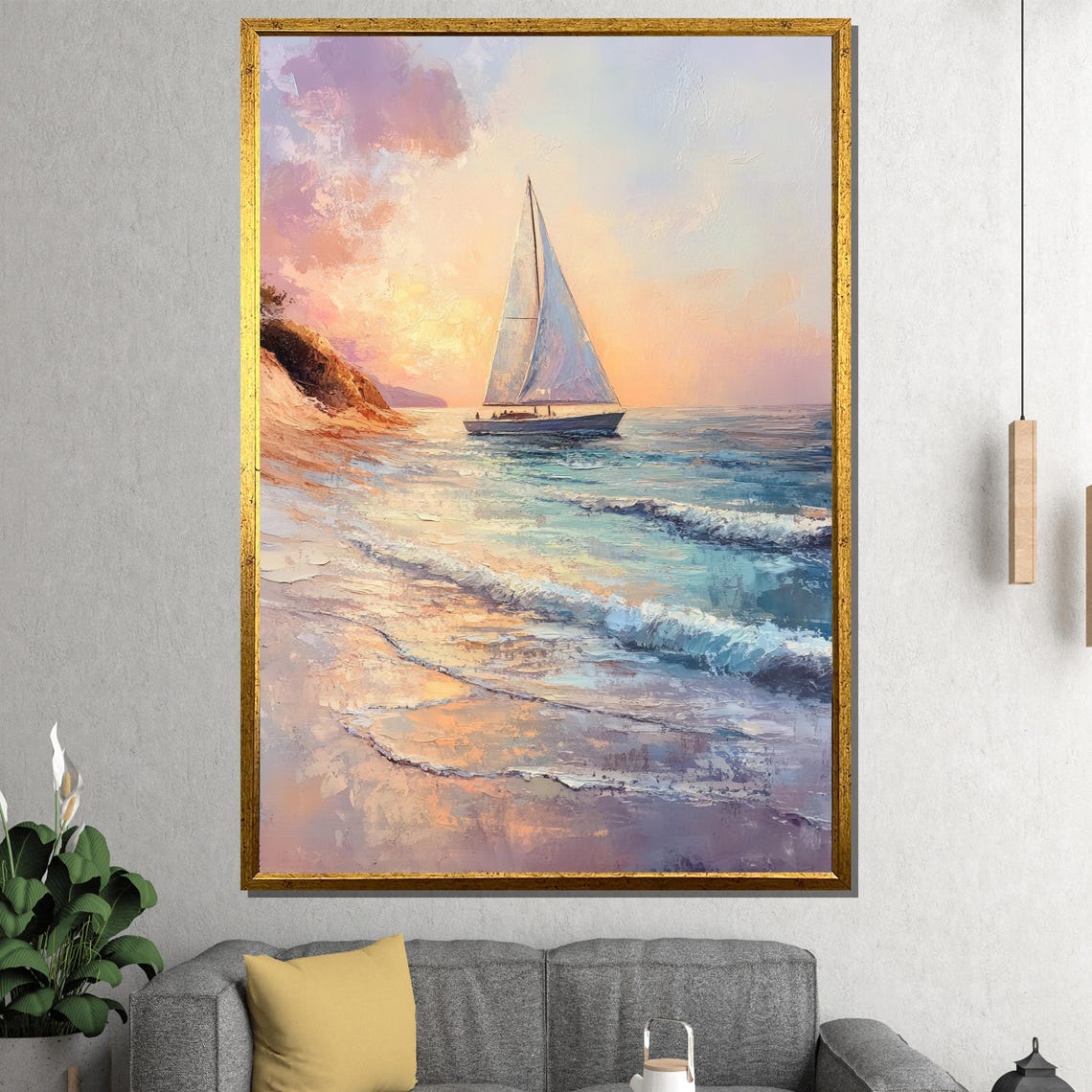 Soft Sunset Sailboat Near Beach Shoreline Pastel Ocean Art Poster
