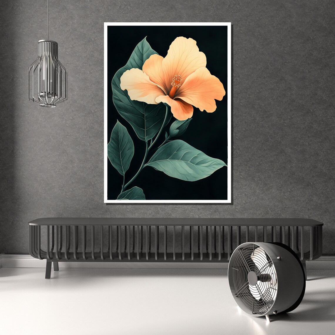 Peach Orange Hibiscus Bloom On Black Tropical Floral Art Poster - Image 2