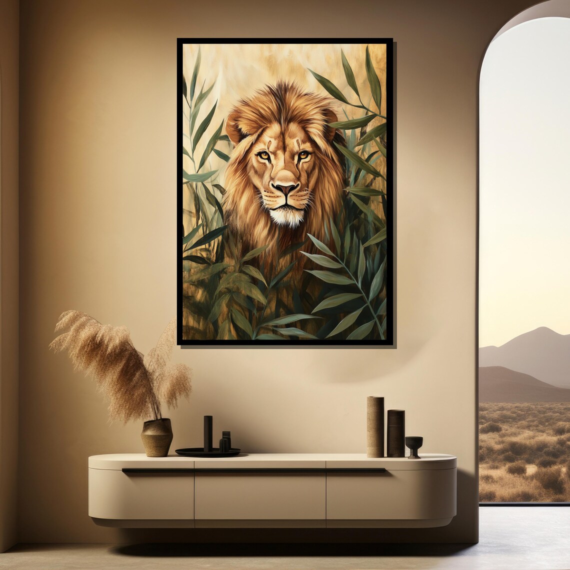 Golden Lion Portrait Emerging From Lush Bamboo Foliage Poster - Image 4