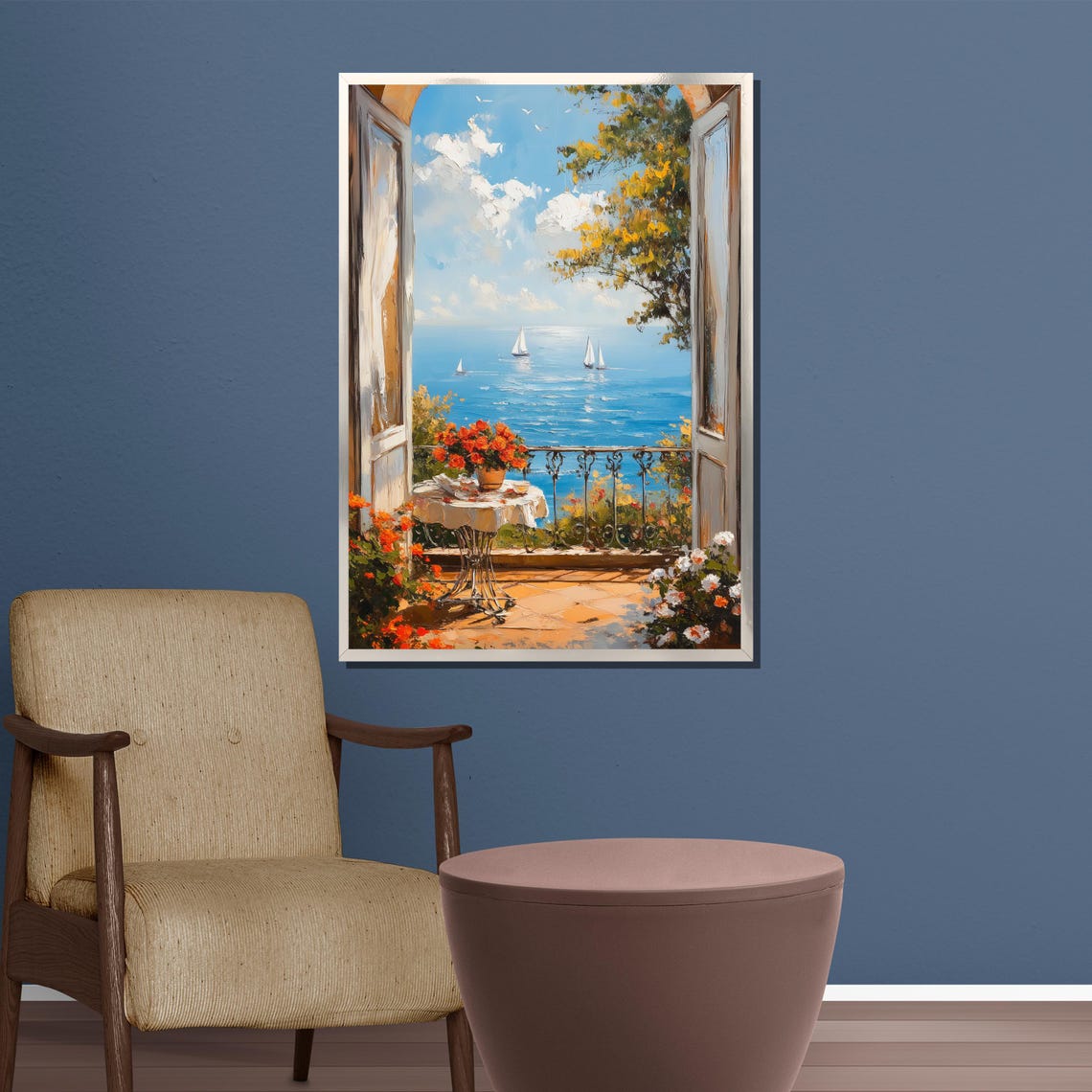 Coastal Balcony Terrace Overlooking Sailboats On Blue Sea Poster - Image 4