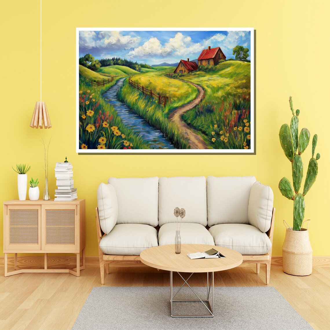 Red Roof Barns On Rolling Green Hills Stream Country Art Poster - Image 2