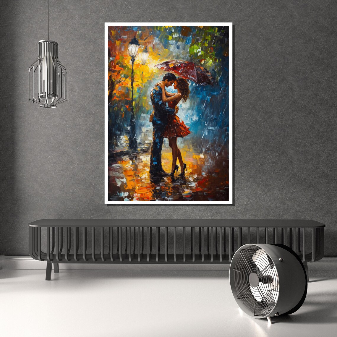 Romantic Couple Under Umbrella Rainy Street Painting Art Poster - Image 3