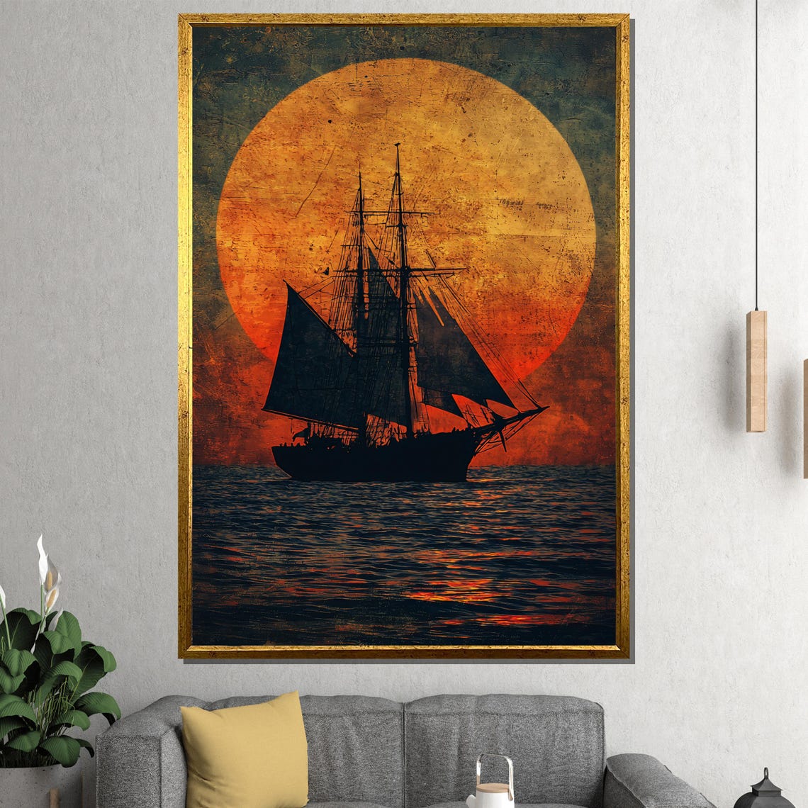 Tall Ship Silhouette Sailing Against A Blazing Sunset Sky Poster