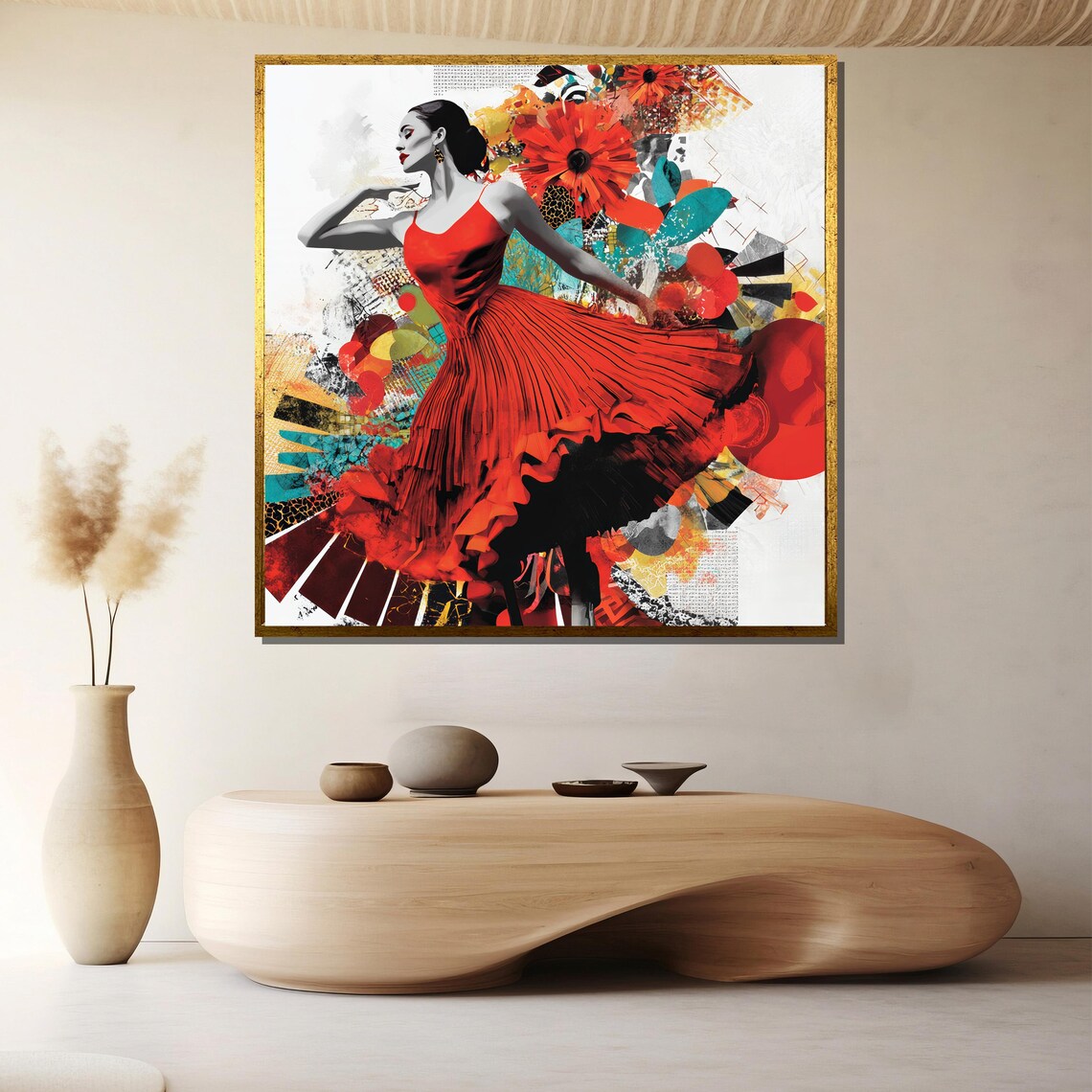 Flamenco Dancer in Red Dress on a Vibrant Collage Backdrop Poster