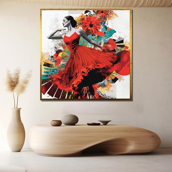 Flamenco Dancer in Red Dress on a Vibrant Collage Backdrop Poster