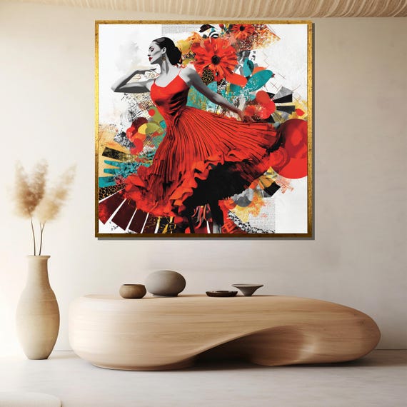 Flamenco Dancer Painting Vibrant Red Dress Abstract Wall Art Gift For Dance And Art Enthusiasts