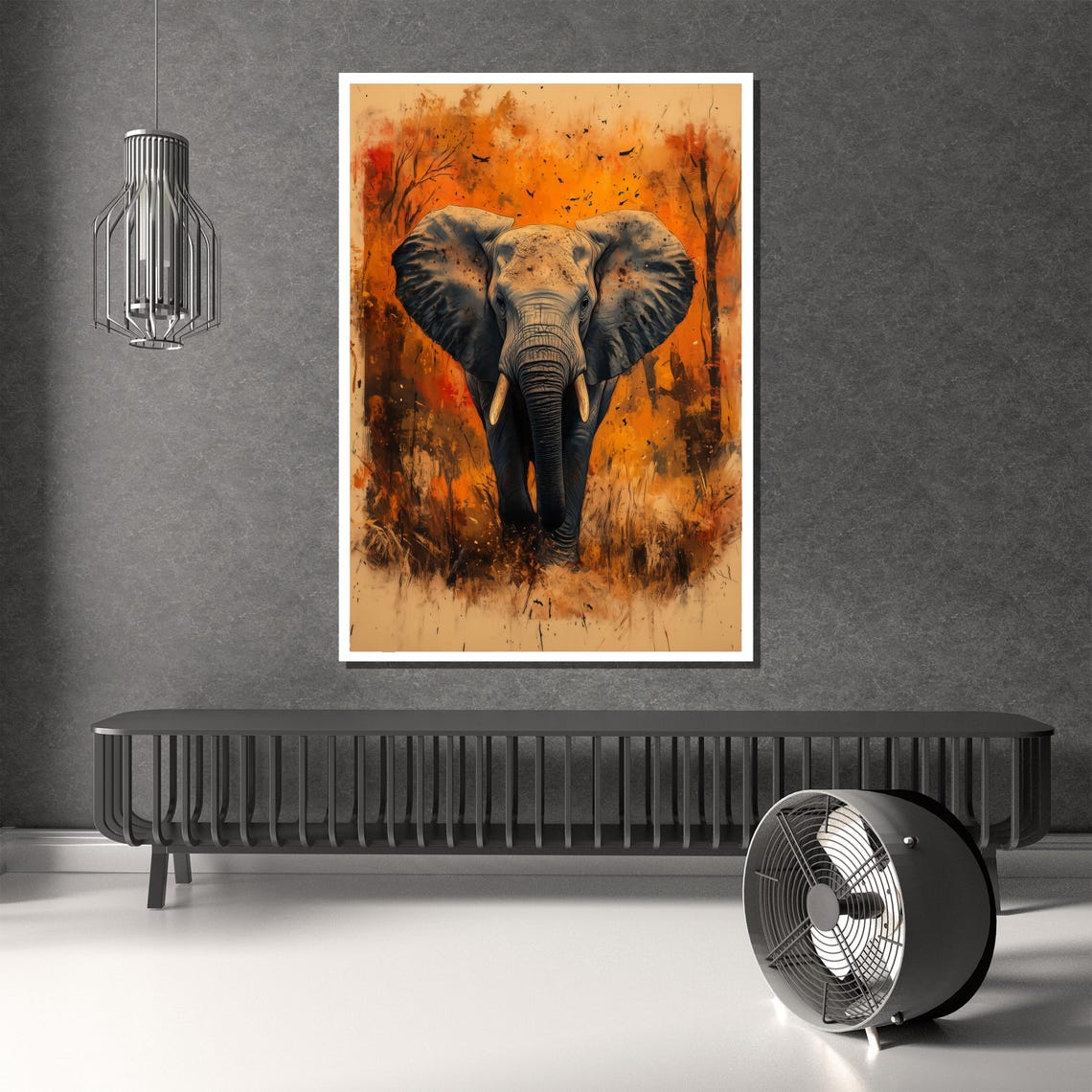 African Elephant Striding Forward Through Orange Savanna Poster - Image 2