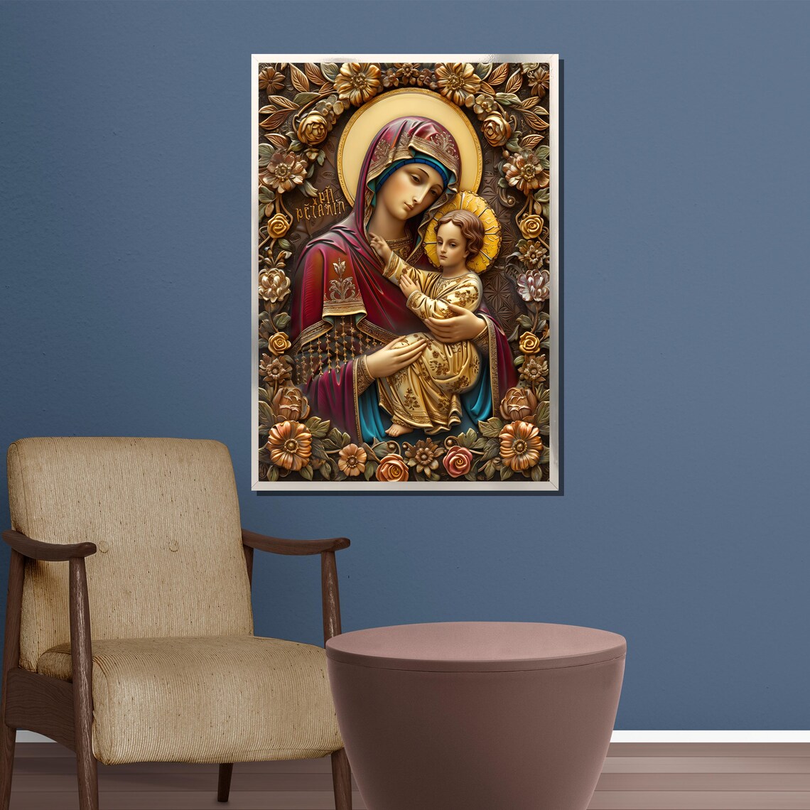 Madonna and Child Ornate Golden Floral Icon Religious Poster - Image 5
