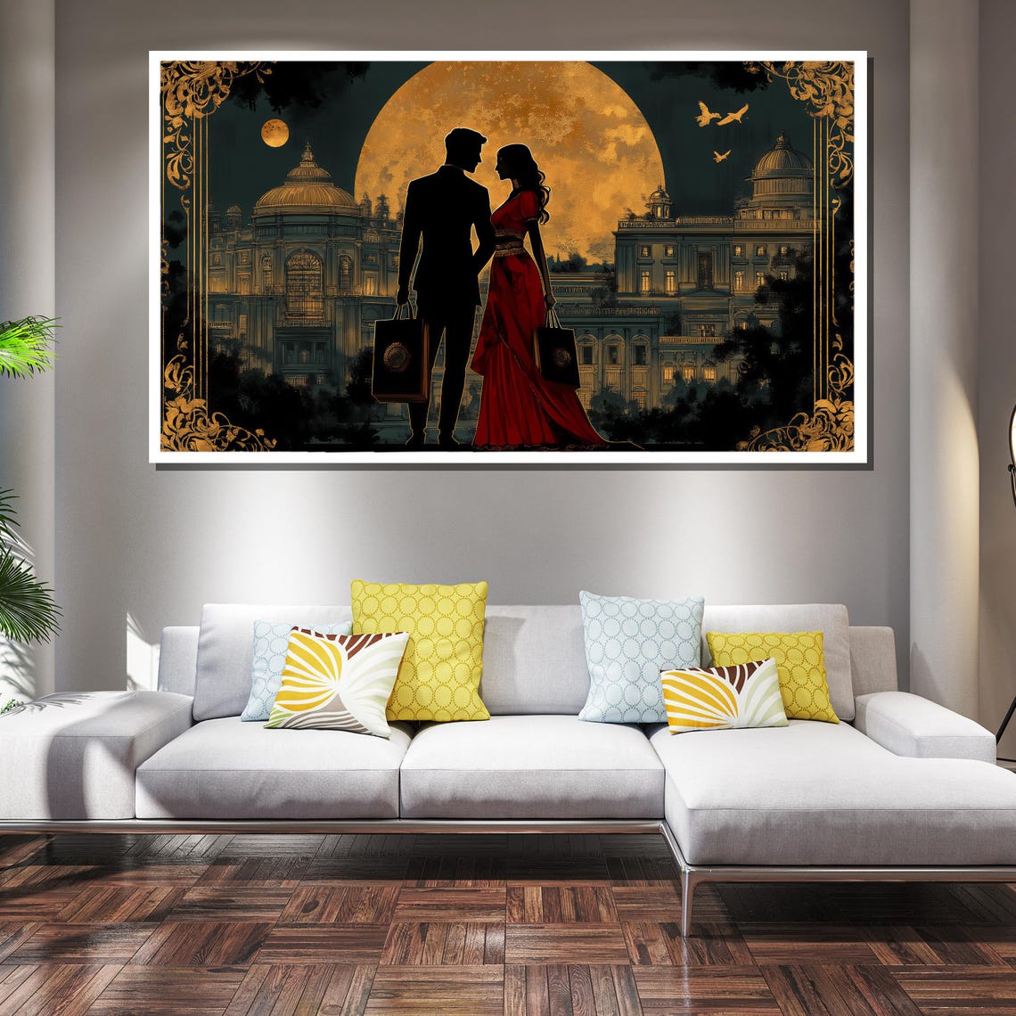 Moonlit Palace Courtyard Couple Silhouette Romance Painting Poster - Image 4