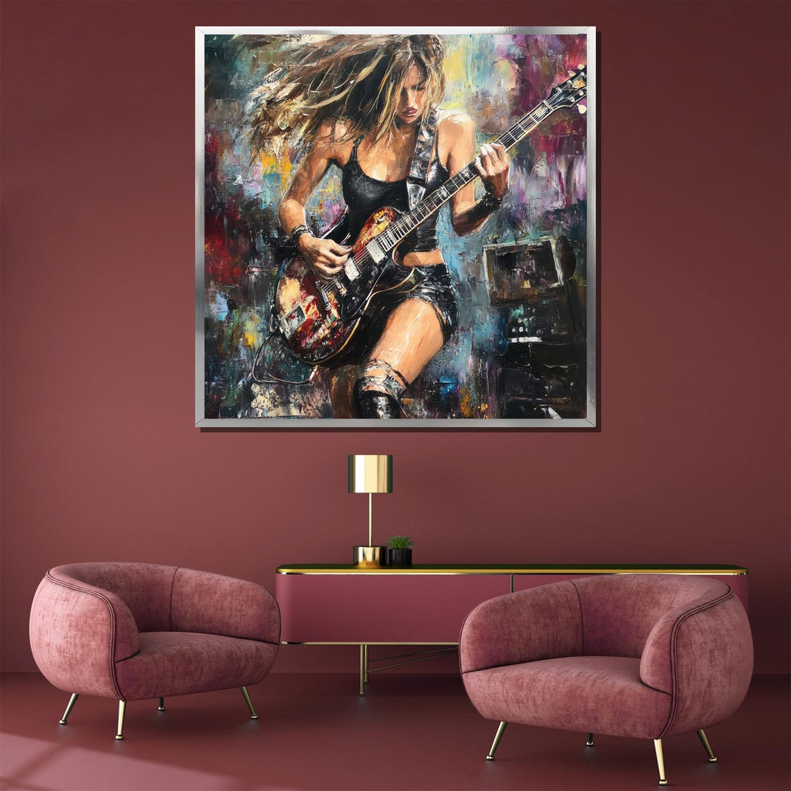 Female Rock Guitarist Shredding Electric Guitar on Stage Poster - Image 3