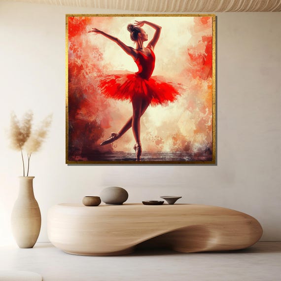 Elegant Red Ballerina Painting Vibrant Wall Art Gift For Dance Lovers And Modern Home Decor
