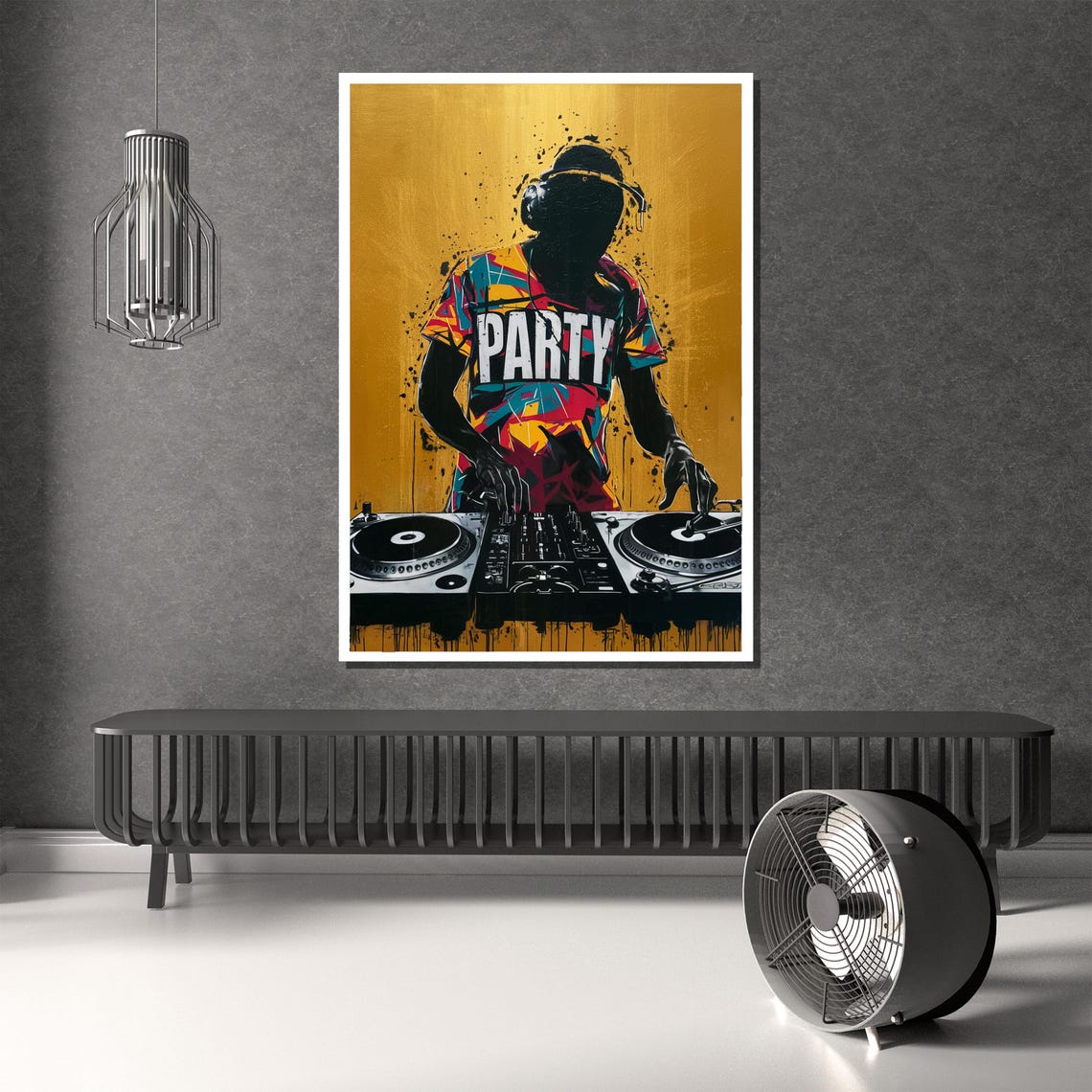 Silhouetted DJ Spinning Turntables On A Golden Background Poster - Image 2
