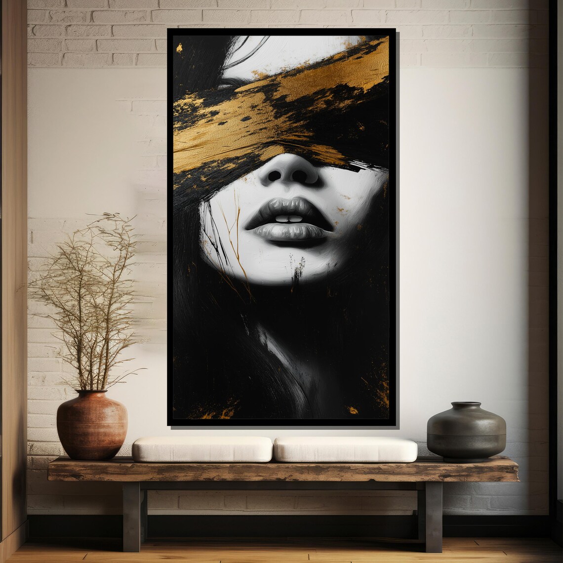 Luxury Gold Accented Modern Woman Painting Black And White Wall Art Unique Home Decor Gift For Sophisticated Spaces - Image 4