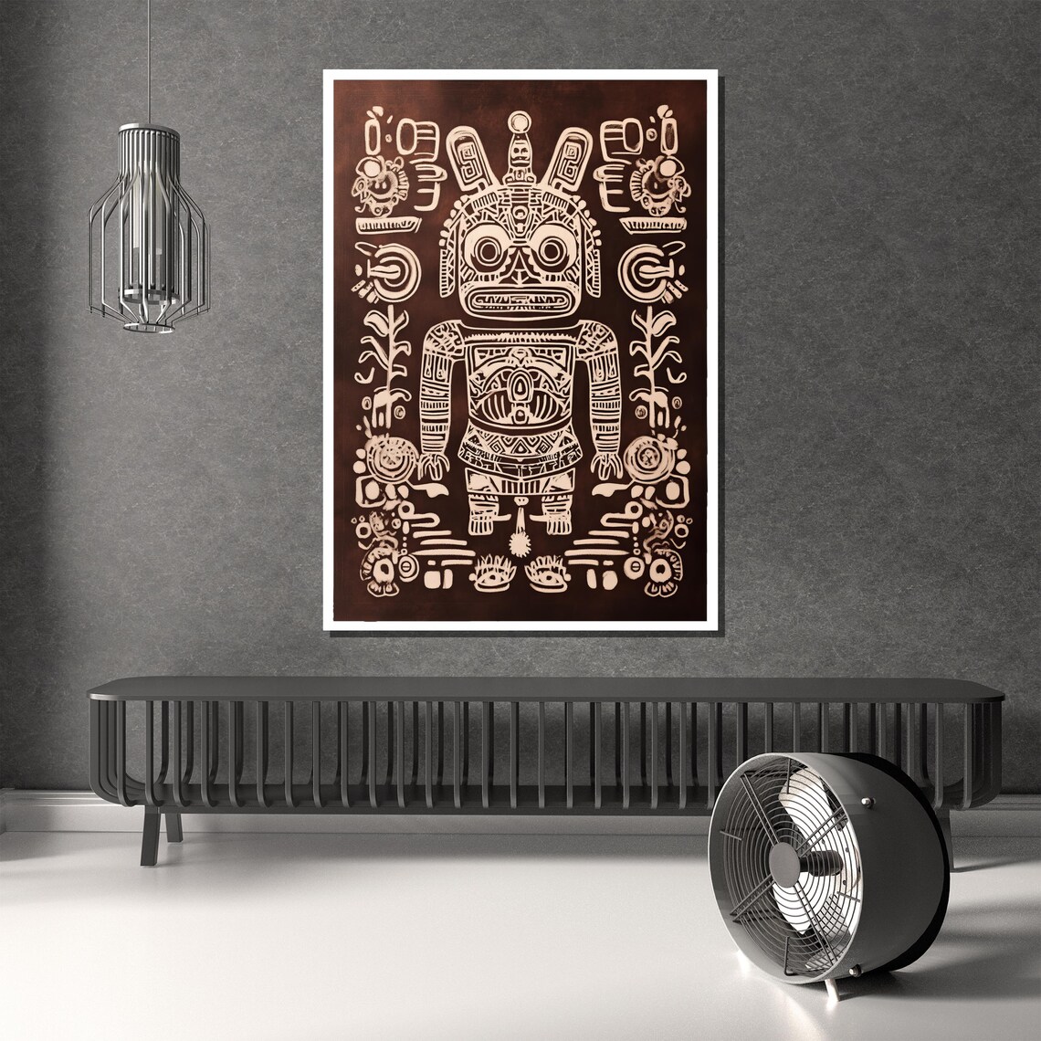 Ancient Tribal Totem Deity Mask in Earthy Glyph Style Painting Poster - Image 2