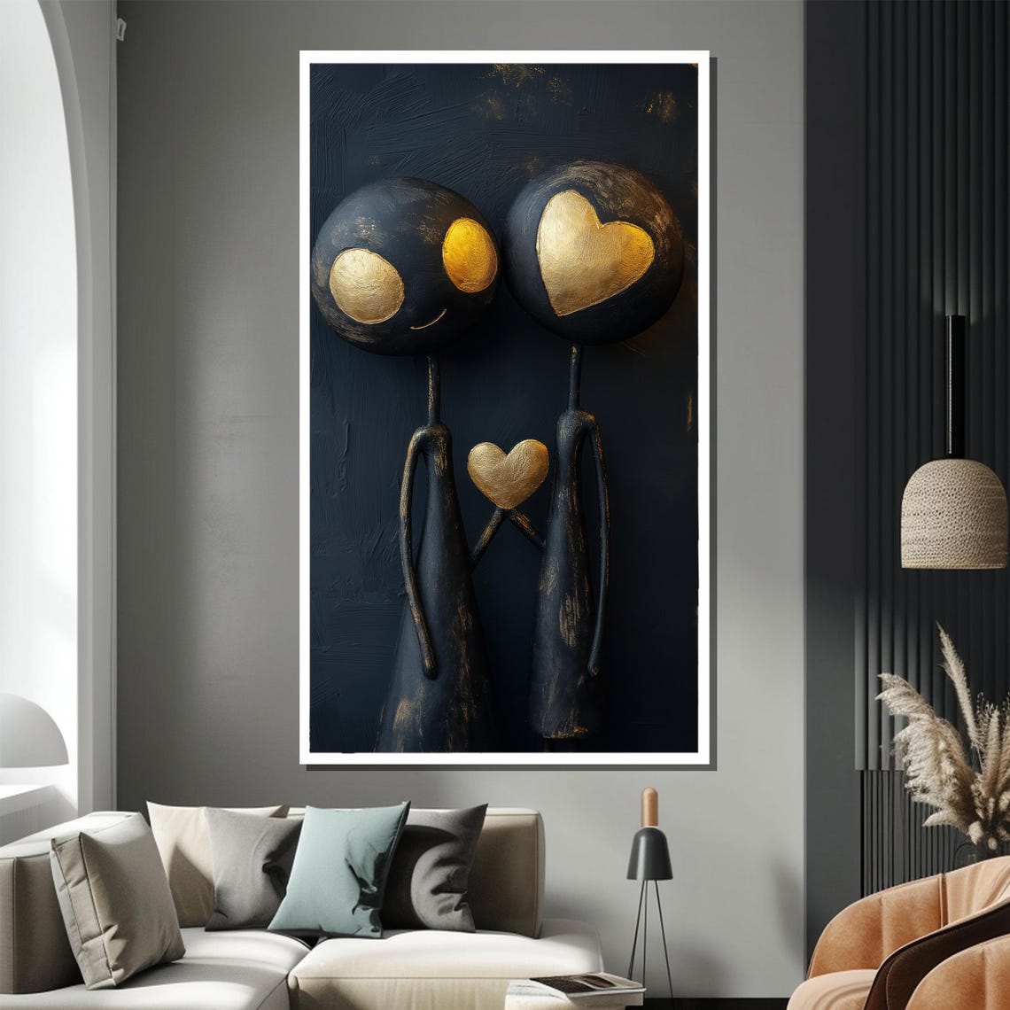 Black And Gold Heart Abstract Couple Figures Playful Art Poster - Image 3