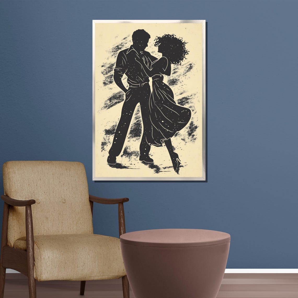 Dancing Couple Black Silhouette on Cream Grunge Texture Art Poster - Image 3