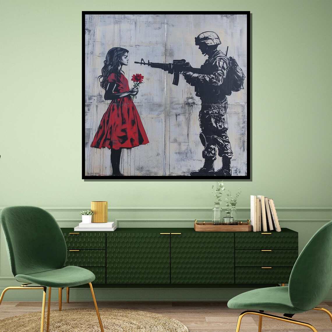 Soldier Aiming At A Girl In Red Dress Holding A Flower Poster - Image 4