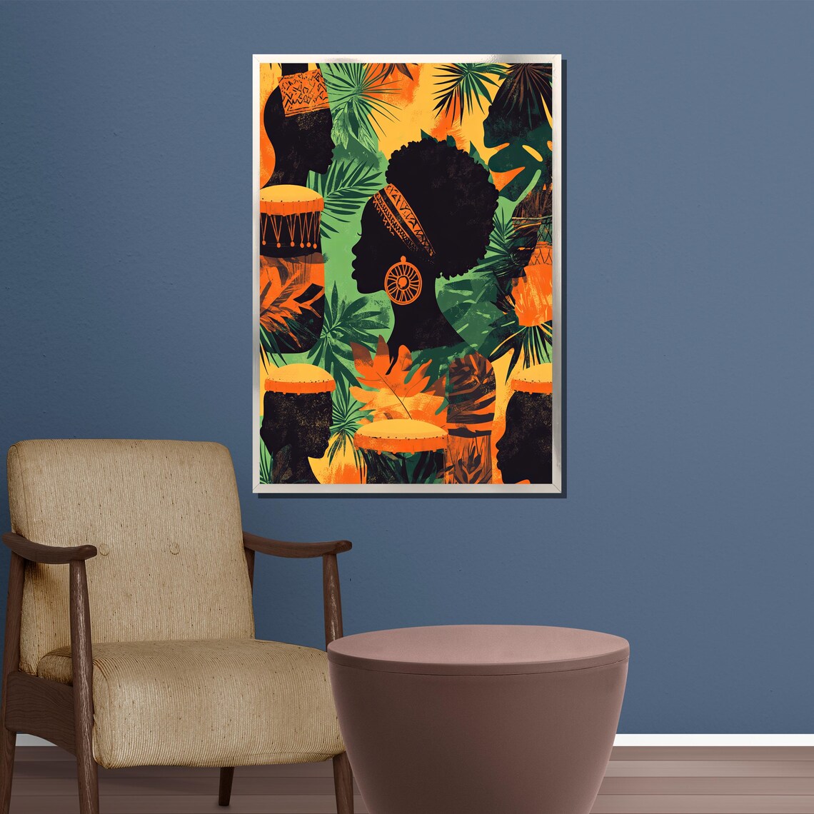 African Silhouettes and Drums in Lush Jungle Leaves Art Poster - Image 3