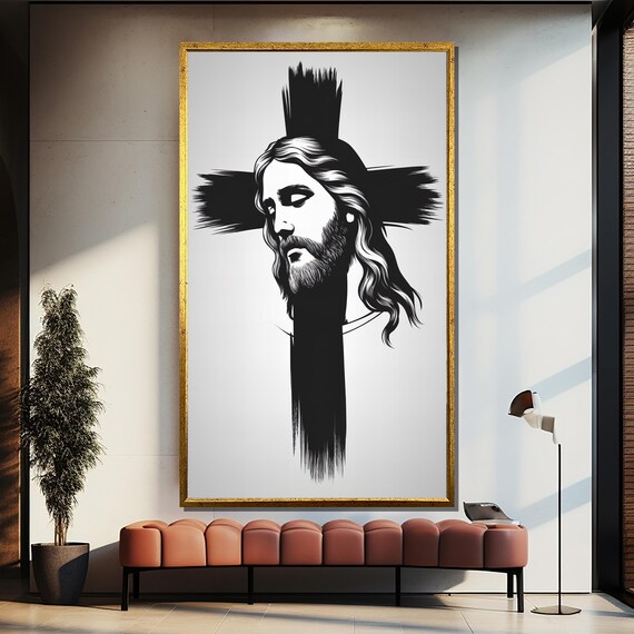 Minimalist Jesus Face Black and White Cross Modern Art Poster
