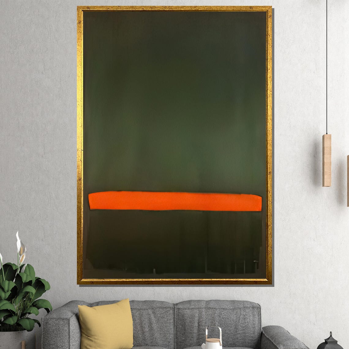 Dark Olive Green Field With Bold Orange Band Abstract Poster