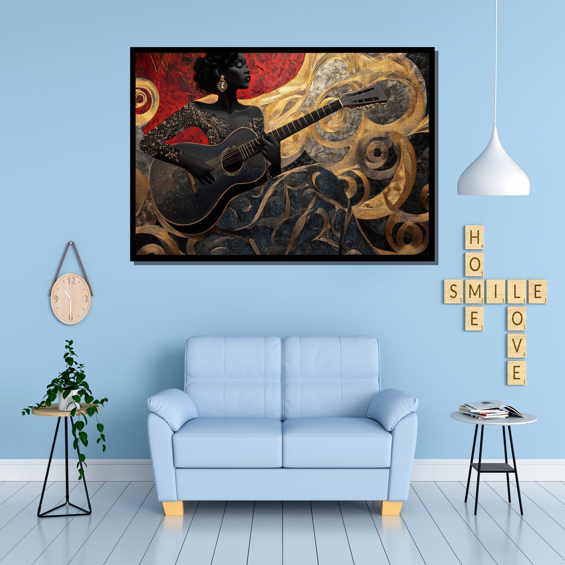 Elegant Woman Playing Acoustic Guitar in Swirling Gold Poster - Image 4