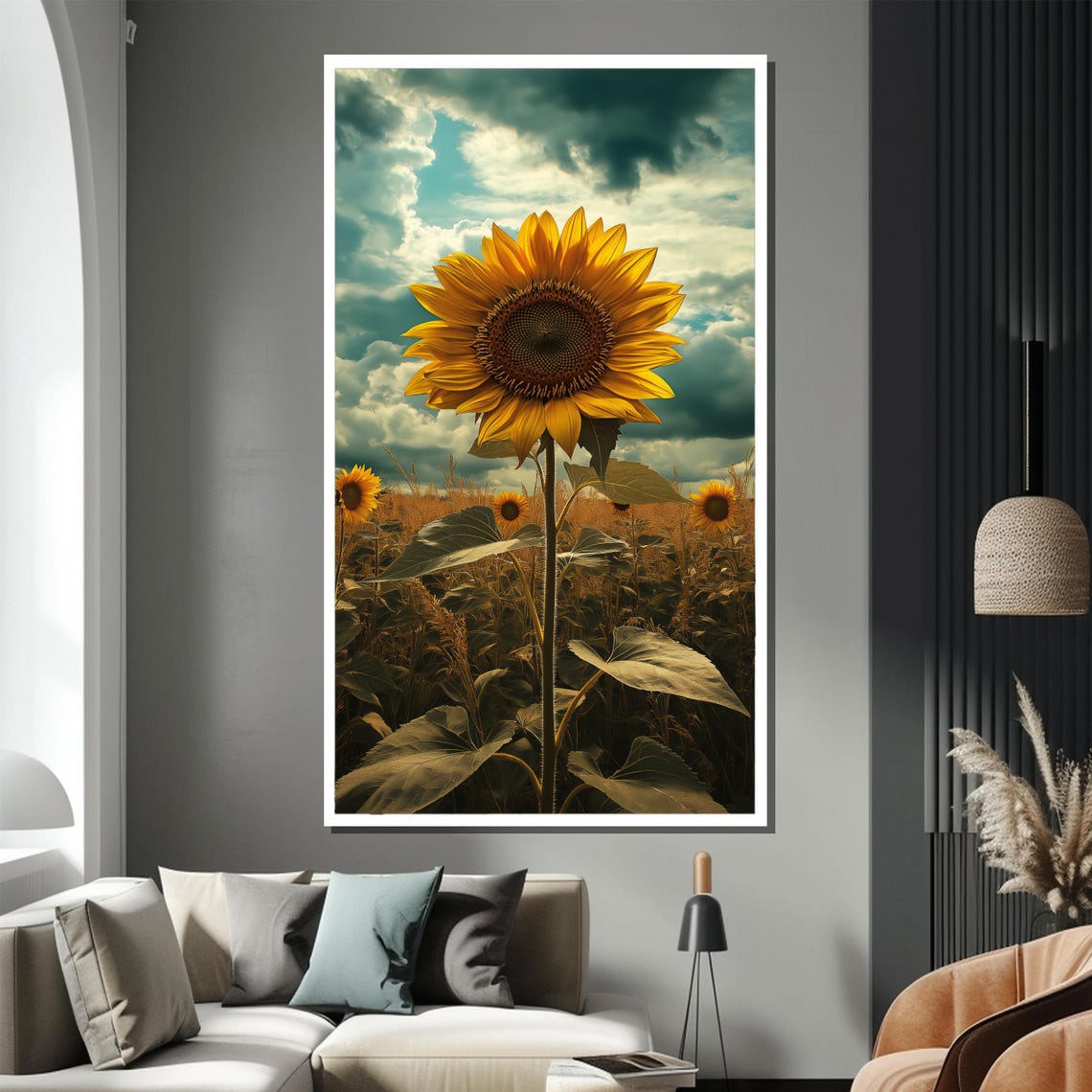 Tall Sunflower In Golden Field Under Dramatic Cloudy Sky Poster - Image 2