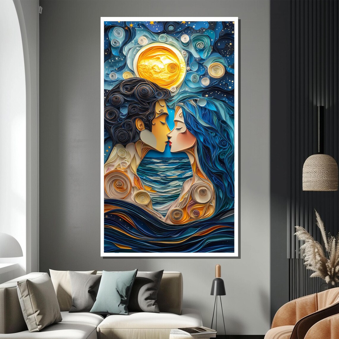 Starry Night Ocean Kiss Swirling Paper Quilling Style Art Poster - Image 3