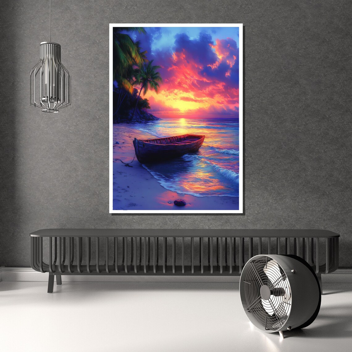 Stunning Wooden Boat Tropical Sunset Vivid Purple Sky Poster - Image 2
