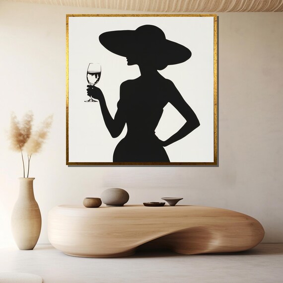 Minimalist Black White Woman Silhouette With Hat And Wine Poster