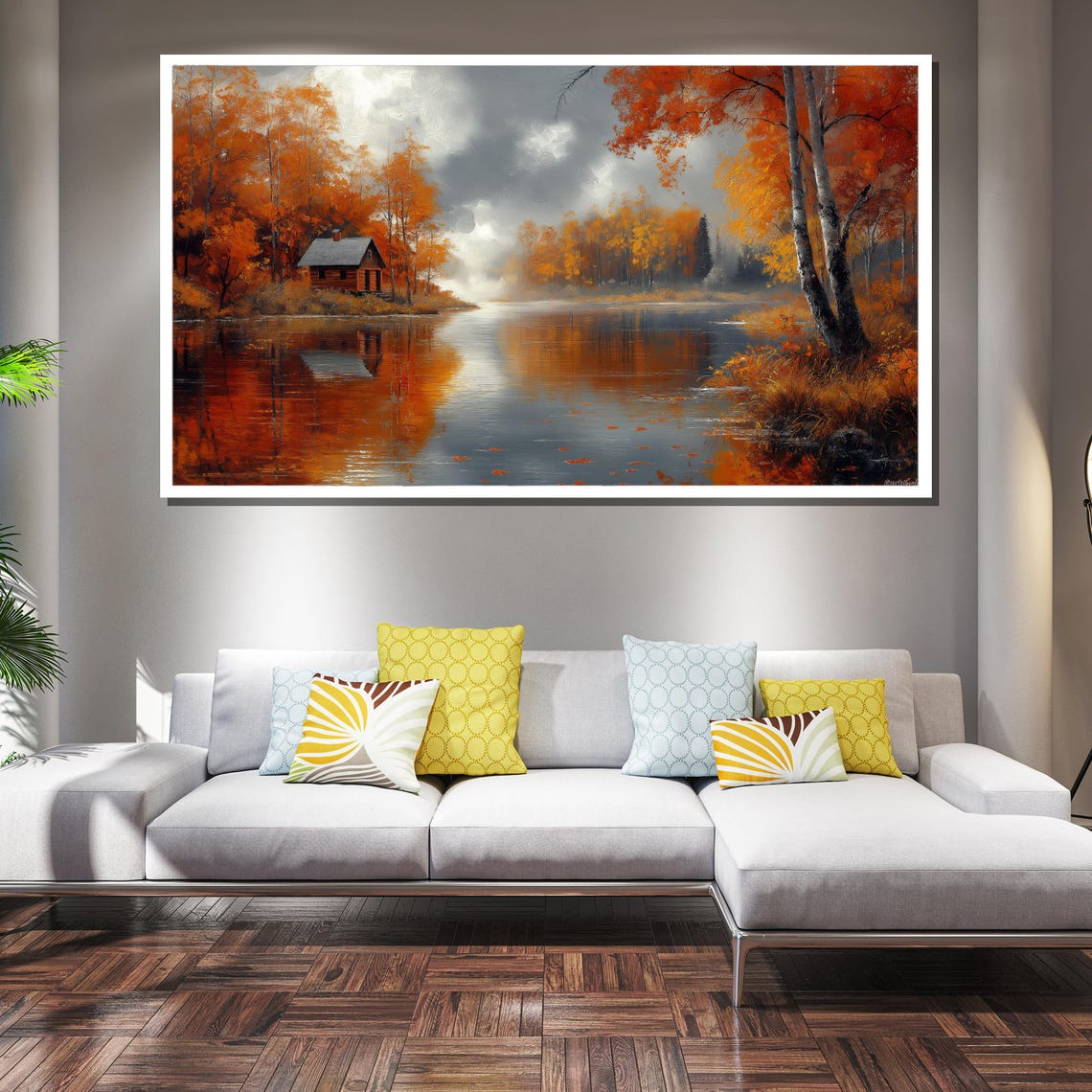 Autumn Lake Birch Trees and Cabin Fall Reflection Scenic Poster - Image 3
