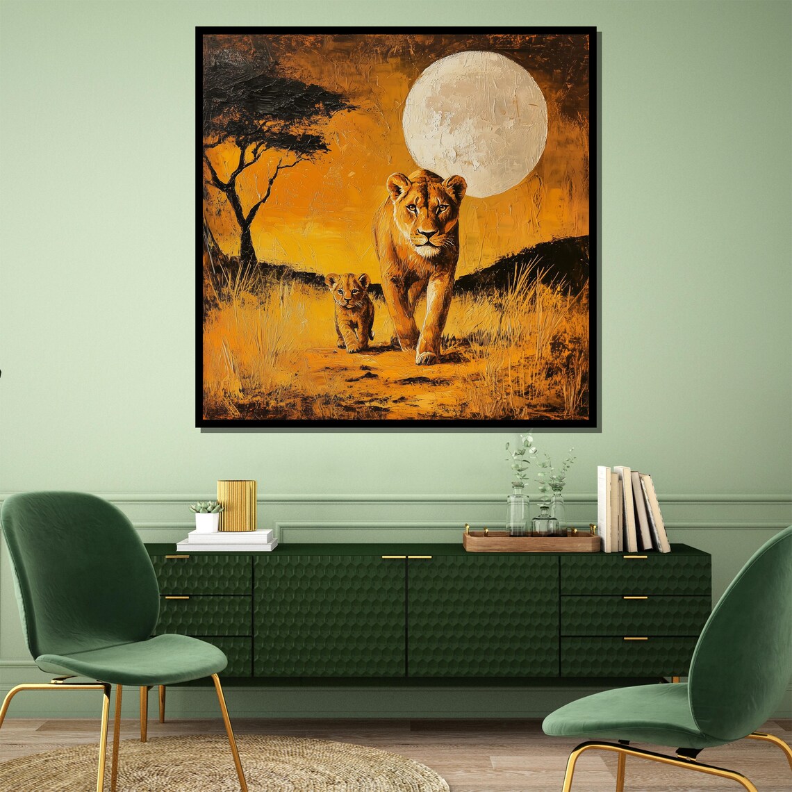 Lioness and Cub Walking Together Under a Golden Moon Savanna Poster - Image 4