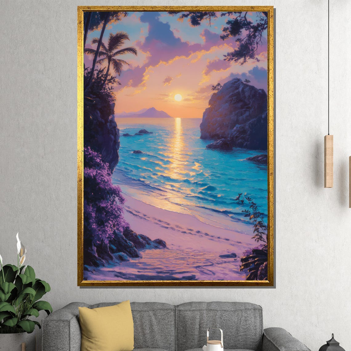 Tropical Sunset Cove Rocky Cliffs Bougainvillea Beach Poster