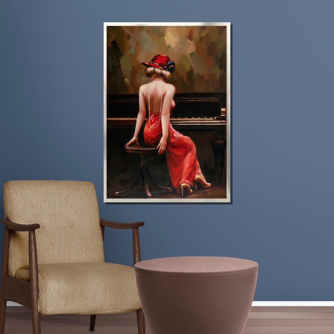 Elegant Woman At Piano Painting Red Dress Wall Art Gift For Sophisticated Living Room Or Music Room Decor - Image 4
