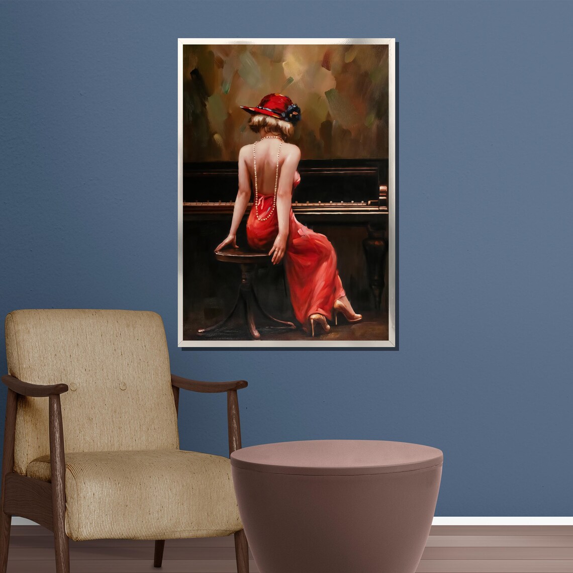 Elegant Woman Red Dress at Piano Oil Painting Portrait Poster - Image 4