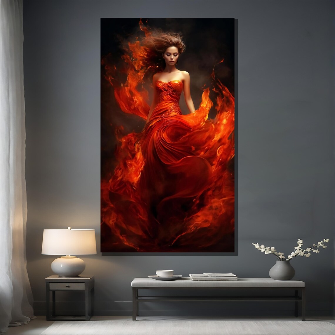 Dramatic Fiery Woman In Flaming Red Dress Against Smoke Poster - Image 2