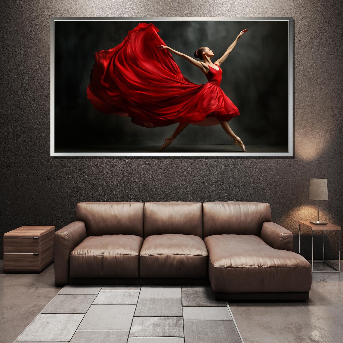 Ballerina in a Flowing Red Dress Dancing in Dark Mood Poster - Image 3