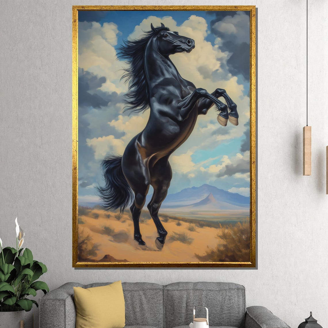 Black Stallion Rearing High Above Rugged Desert Mountains Poster
