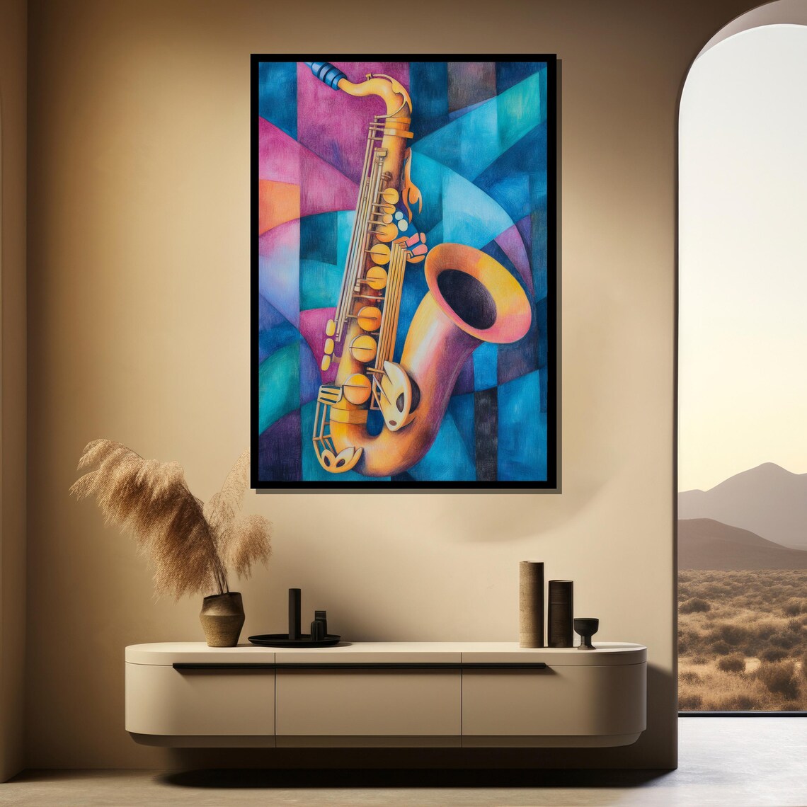 Golden Saxophone Purple Teal Cubist Jazz Painting Wall Poster - Image 4