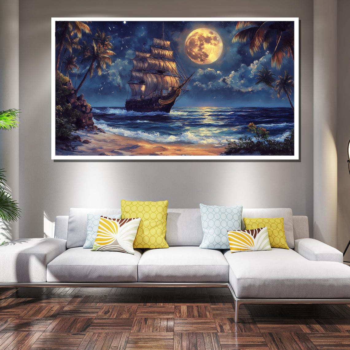 Moonlit Tall Ship Tropical Beach Full Moon Night Seascape Poster - Image 2