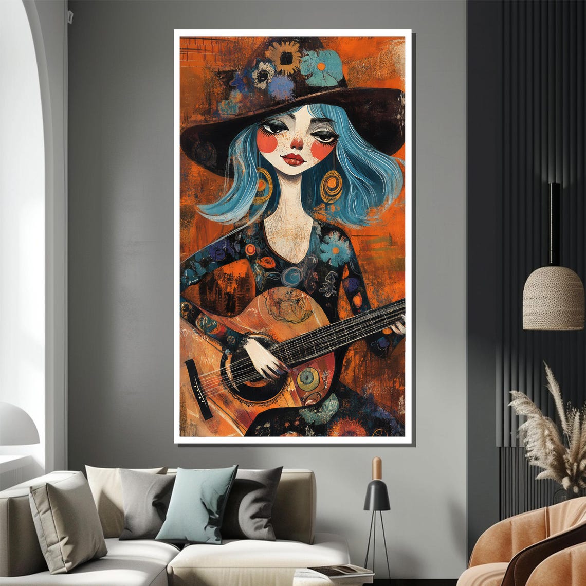 Bohemian Blue Haired Guitarist Girl in Vibrant Portrait Poster - Image 2