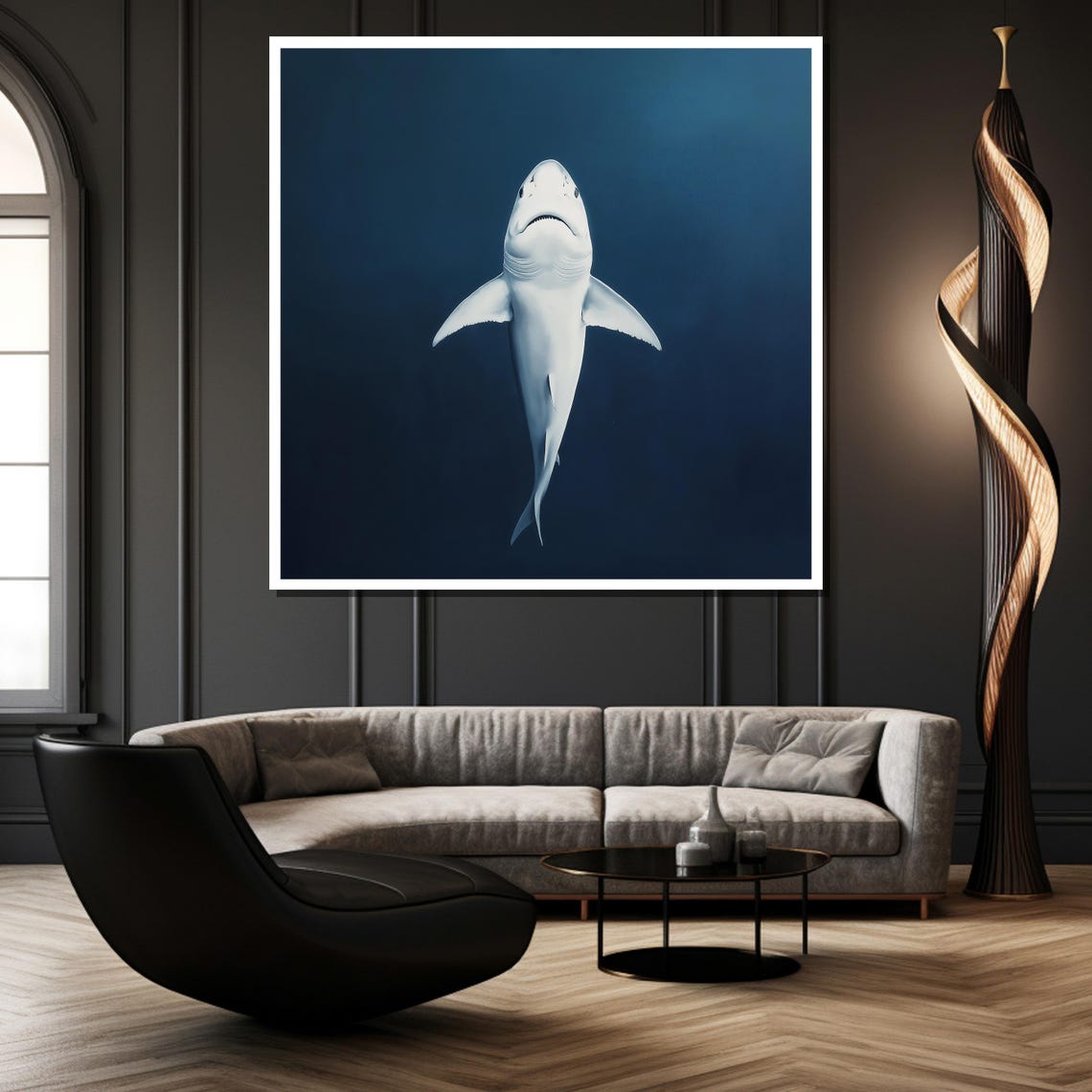 Great White Shark Rising Through Deep Dark Blue Ocean Water Poster - Image 2