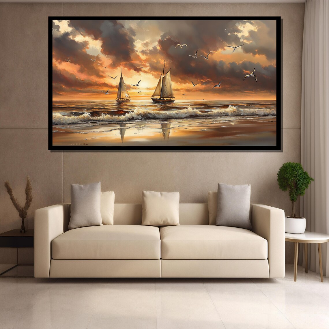 Sailboats At Sunset Over Golden Ocean Waves Seagulls Marine Poster - Image 4