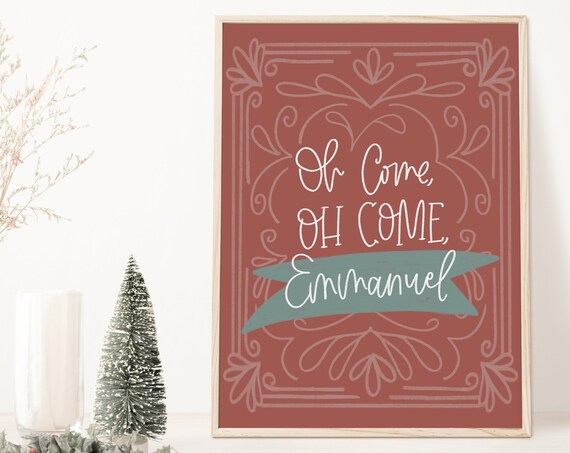 Rust Red Oh Come Oh Come Emmanuel Hand Lettered Christmas Poster